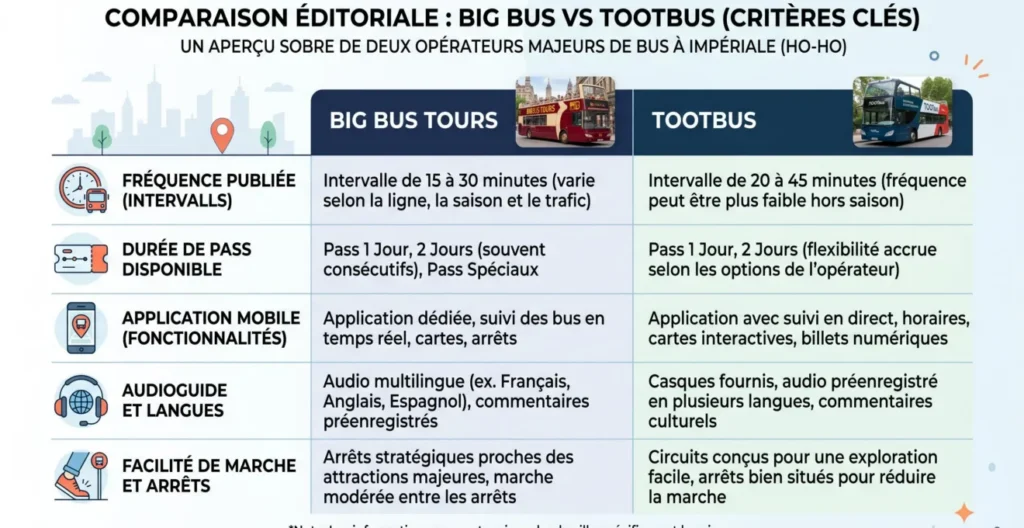 Critères pour comparer Big Bus et Tootbus à Paris