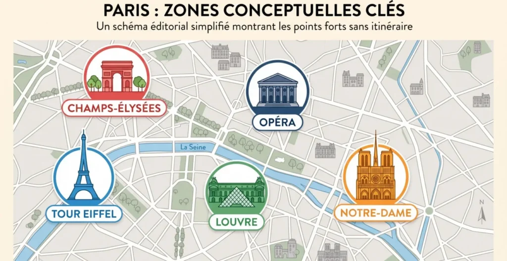 Schéma des grandes zones touristiques desservies par les bus touristiques à Paris